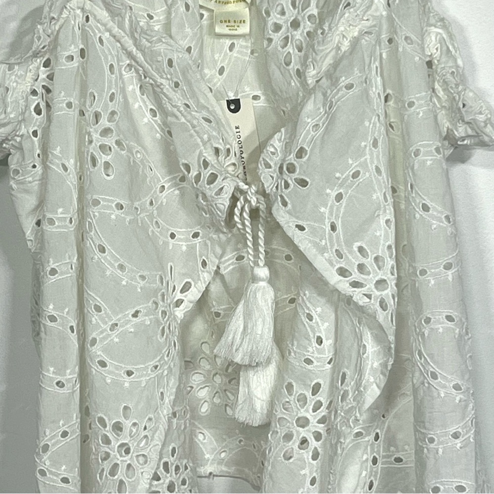 Maeve Anthropologie White Eyelet Lace Tie Front Layer Coverup Top Shirt OS - Picture 5 of 7